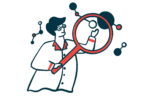 A researcher holds a gigantic magnifying glass in front of one of several floating cells.