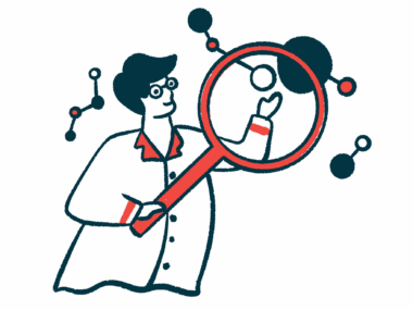 A researcher holds a gigantic magnifying glass in front of one of several floating cells.