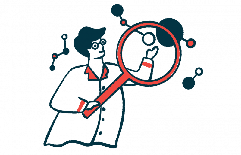 A researcher holds a gigantic magnifying glass in front of one of several floating cells.