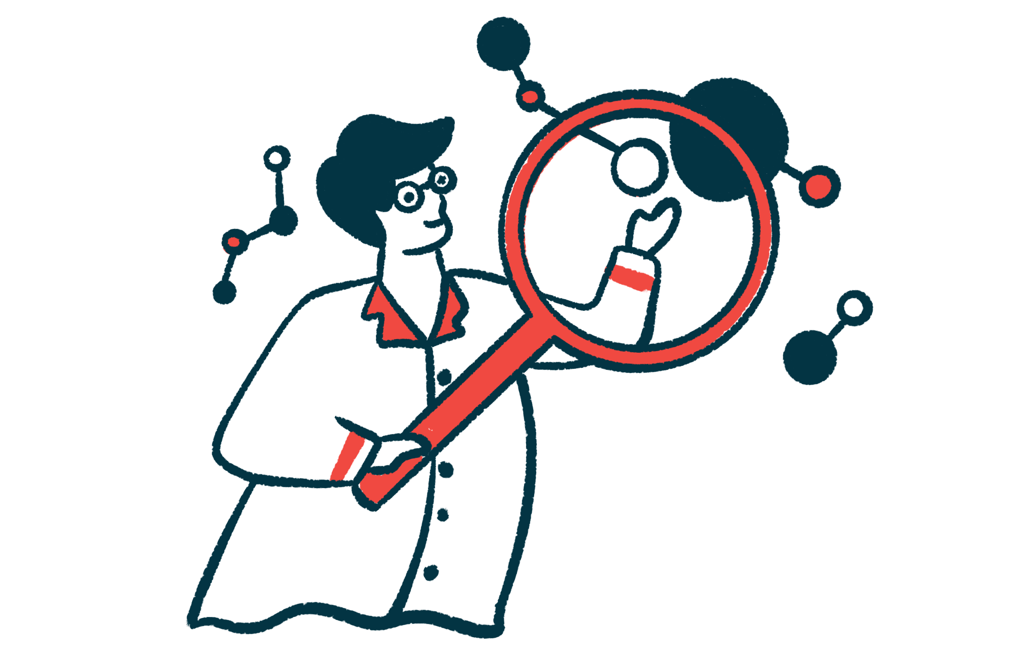 A researcher holds a gigantic magnifying glass in front of one of several floating cells.