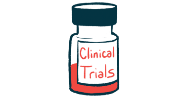 A half-full liquid prescription medication bottle bears a label reading 'Clinical Trials.'