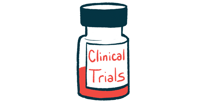 A half-full liquid prescription medication bottle bears a label reading 'Clinical Trials.'