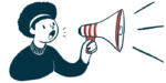 A woman speaks with a bullhorn in this announcement illustration.