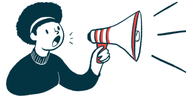 A woman speaks with a bullhorn in this announcement illustration.