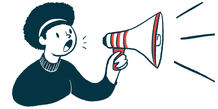 A woman speaks with a bullhorn in this announcement illustration.