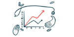 Two hands, a stethoscope and a handful of pills surround a graph showing positively trending data from a clinical trial.