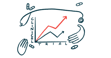 Two hands, a stethoscope and a handful of pills surround a graph showing positively trending data from a clinical trial.