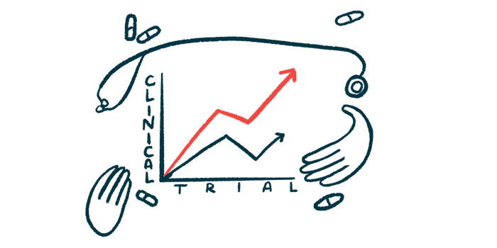 Two hands, a stethoscope and a handful of pills surround a graph showing positively trending data from a clinical trial.