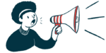 A woman makes an announcement into a megaphone.