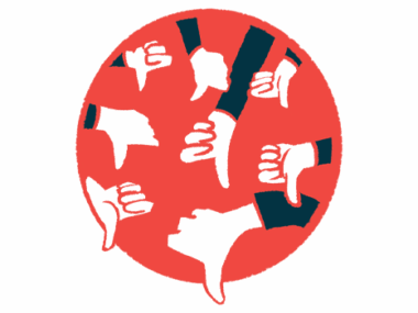 An illustration of a circle enclosing multiple hands giving the thumbs-down sign.