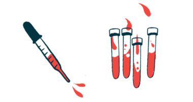 A dropper squirting blood is seen alongside four half-filled vials.