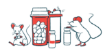 Two mice explore prescription medicine bottles while a third sits with a capsule between its paws.
