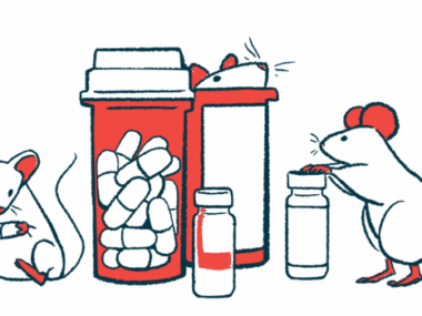 Two mice explore prescription medicine bottles while a third sits with a capsule between its paws.