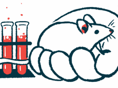 An oversized human hand is seen holding a mouse in a lab, next to a rack with a trio of vials.