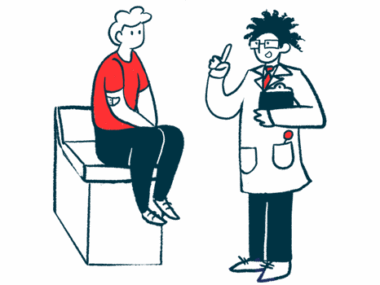 A doctor holding a clipboard gestures with his other hand as he speaks with a patient seated on a medical examination bed.