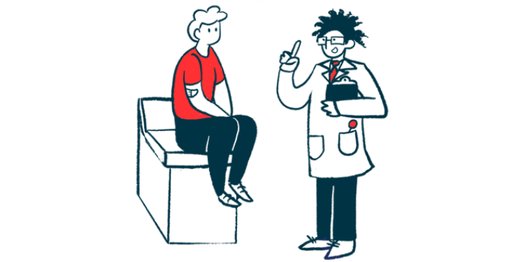 A doctor holding a clipboard with one hand gestures with the other hand while speaking with a patient seated on a medical examination table.