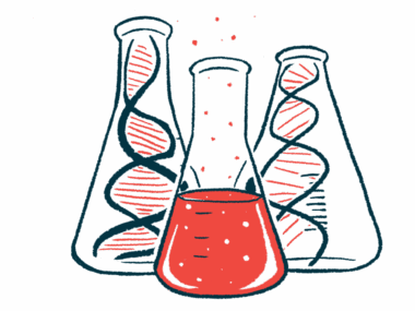 A flask filled with a red liquid is seen with two other flasks, each holding a DNA strand, closely flanking it.