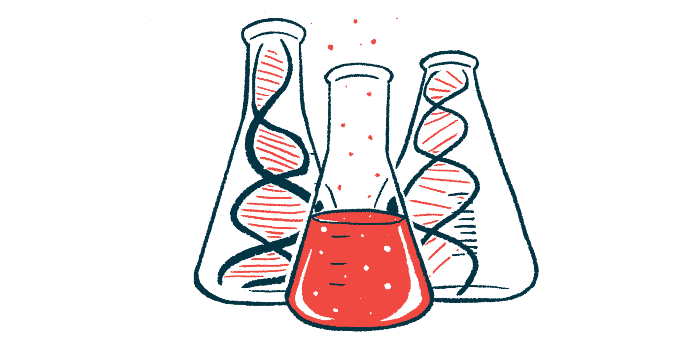 Illustration of three flasks, two with DNA strands and one with a red liquid.