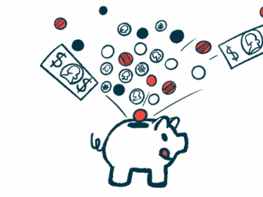 A pig-shaped bank is seen making a 'yum' face as coins and bills fly into its top slot.