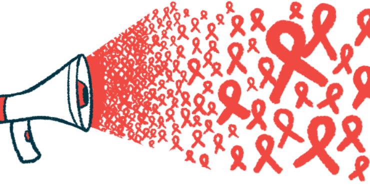 A bullhorn emits a blast of red awareness ribbons.