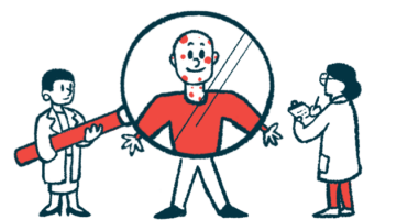 In this case study illustration, one clinician holds a gigantic magnifying glass in front of a patient while another takes notes on a clipboard.