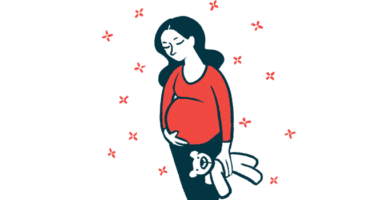 A pregnant woman is shown holding her belly and a teddy bear.