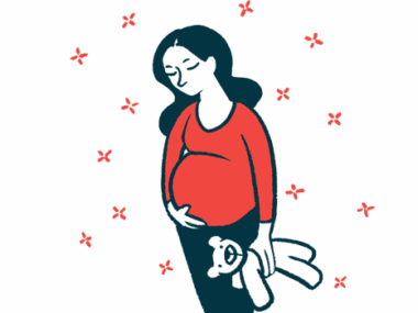 A pregnant woman is shown holding her belly and a teddy bear.