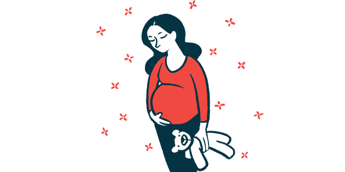 A pregnant woman is shown holding her belly and a teddy bear.