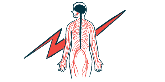 A bolt of lightning flashes behind a person whose central nervous system is shown.