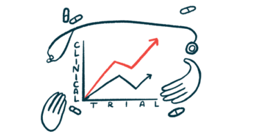 A set of hands and a stethoscope frame a graph labeled CLINICAL TRIAL that shows positively trending results.