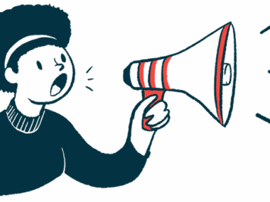 A person uses a megaphone to make an announcement.