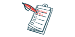 An oversized red pen ticks boxes labeled Clinical and Trials on a checklist attached to a clipboard.