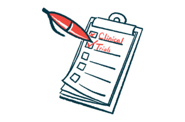 An oversized red pen ticks boxes labeled Clinical and Trials on a checklist attached to a clipboard.