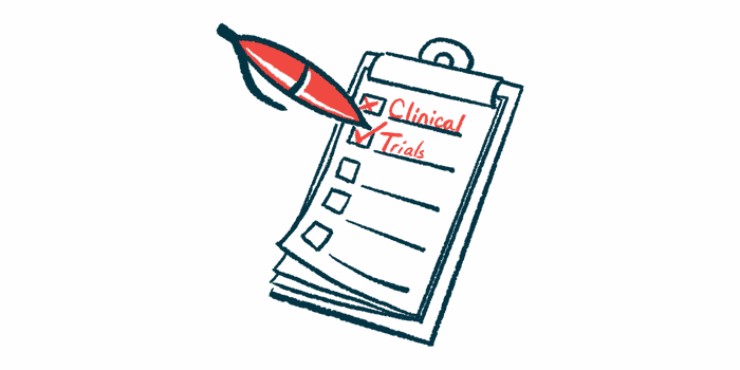 An oversized red pen ticks boxes labeled Clinical and Trials on a checklist attached to a clipboard.