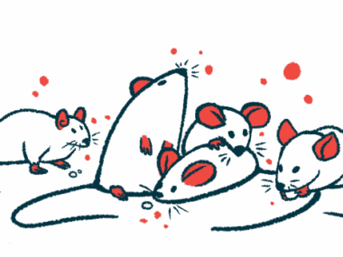 A group of mice huddles together as one stands on its hind legs with its nose in the air.