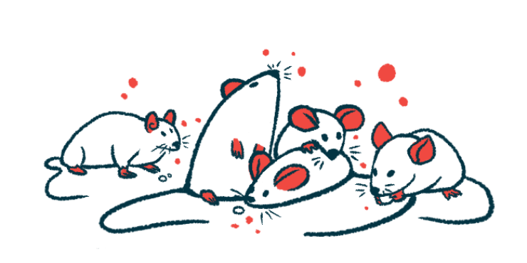 A group of mice huddles together as one stands on its hind legs with its nose in the air.