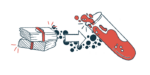 A large white arrow connects two large packets of money to a giant test tube filled with blood.