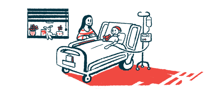 A woman looks at a child laying on a hospital bed and hooked up to an IV bag.