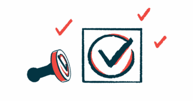 A check mark is shown stamped in a square, while a rubber stamp lies on its side next to it and small red checks flit around it like birds.