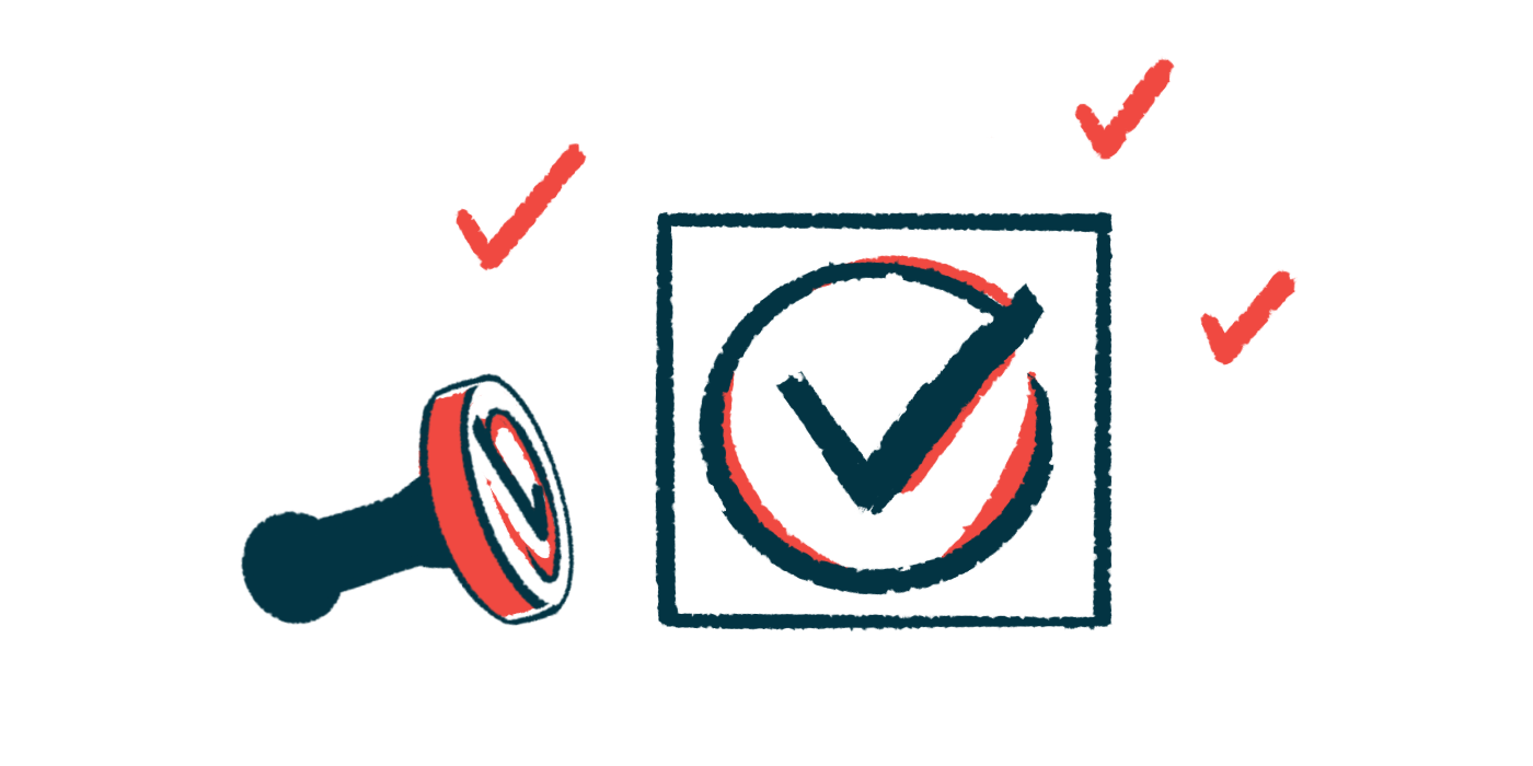 A check mark is shown stamped in a square, while a rubber stamp lies on its side next to it and small red checks flit around it like birds.