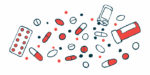 This illustration shows two prescription medication bottles amid a scattering of different type of pills.