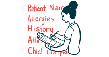 A person fills out a patient questionnaire on a clipboard, against a backdrop of key words, including 