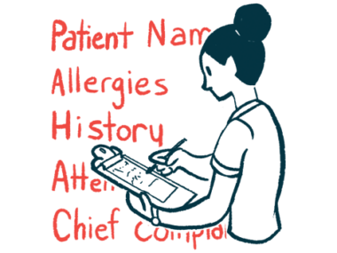 A person fills out a patient questionnaire on a clipboard, against a backdrop of key words, including 