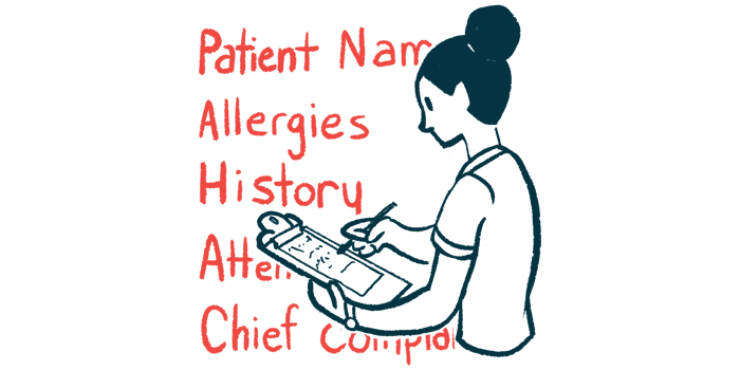 A person fills out a patient questionnaire on a clipboard, against a backdrop of key words, including 