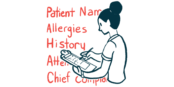 A person fills out a patient questionnaire on a clipboard, against a backdrop of key words, including 