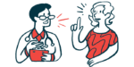 A woman gestures with one hand while speaking with a clinician, who holds a clipboard.