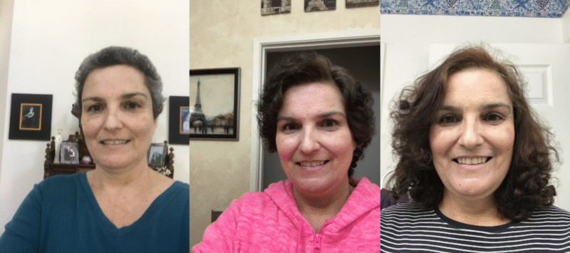 Three side-by-side photos show a woman at different stages of hair regrowth following her stem cell transplant. In the first image, she has a pixie cut, and in the third image, her hair is shoulder-length.