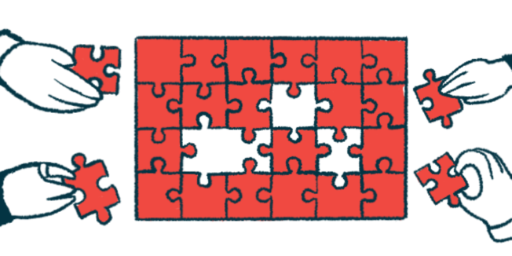 Four hands add pieces to a puzzle.