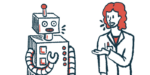 A doctor and a robot talk to each other.