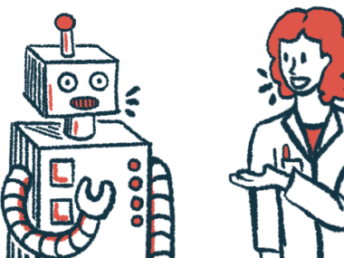 A doctor and a robot talk to each other.